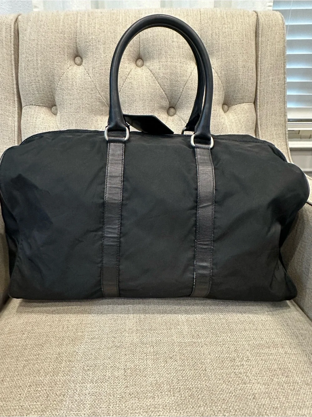 Prada Black Tessuto Weekender Nylon Bag with Leather Trim